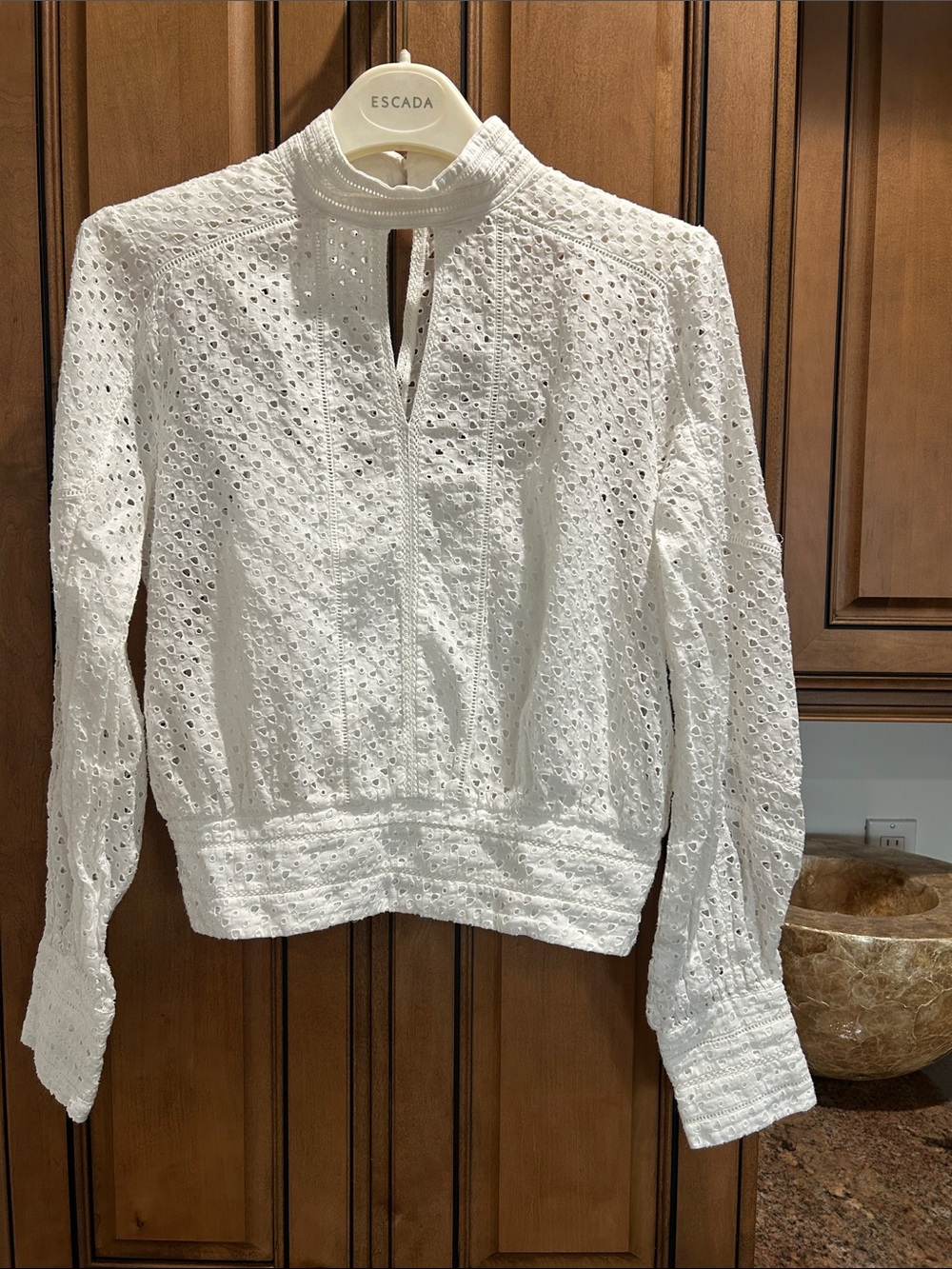 Escada White Eyelet High-Neck Long-Sleeve Blouse